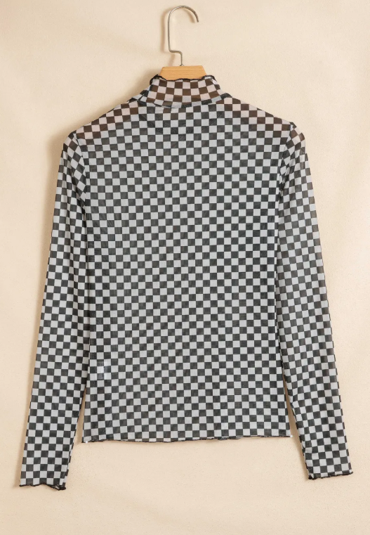 Biba Black Plaid Stand Neck Long Sleeve Mesh Top