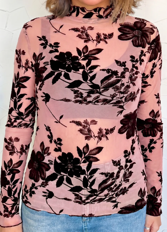 Chanda Gossamer Pink Retro Floral Print Mesh Long Sleeve Pullover Blouse