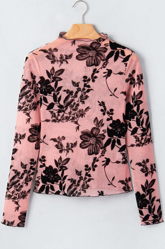 Chanda Gossamer Pink Retro Floral Print Mesh Long Sleeve Pullover Blouse