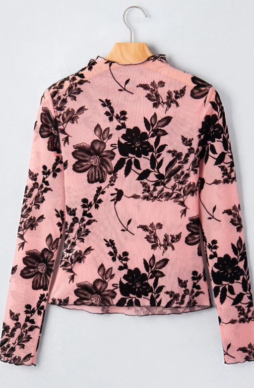 Chanda Gossamer Pink Retro Floral Print Mesh Long Sleeve Pullover Blouse