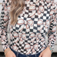 Black Checkered Baseball Bow Print High Neck Long Sleeve Mesh Top