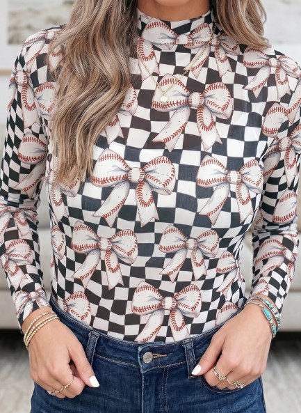Black Checkered Baseball Bow Print High Neck Long Sleeve Mesh Top