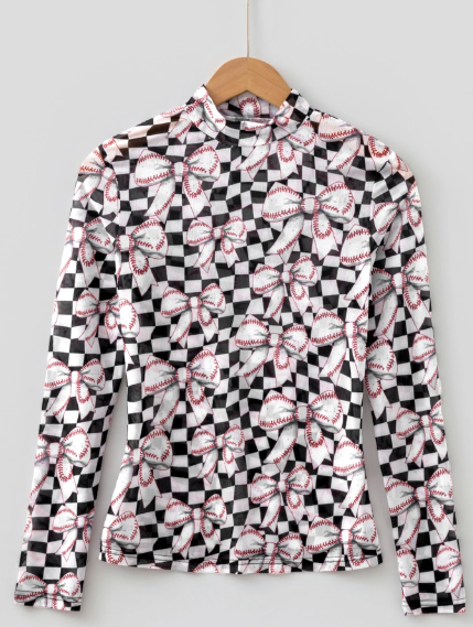 Black Checkered Baseball Bow Print High Neck Long Sleeve Mesh Top