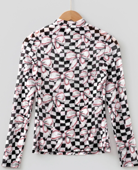 Black Checkered Baseball Bow Print High Neck Long Sleeve Mesh Top
