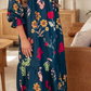 Bexie Floral Print Gathered Neckline 7/8 Sleeve Casual Midi Dress