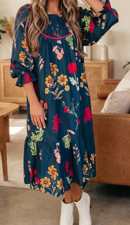 Bexie Floral Print Gathered Neckline 7/8 Sleeve Casual Midi Dress