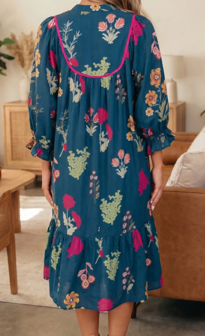 Bexie Floral Print Gathered Neckline 7/8 Sleeve Casual Midi Dress