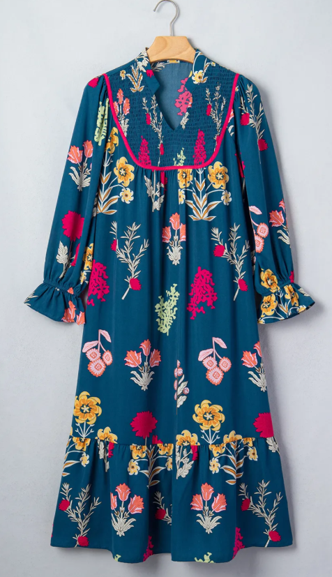 Bexie Floral Print Gathered Neckline 7/8 Sleeve Casual Midi Dress
