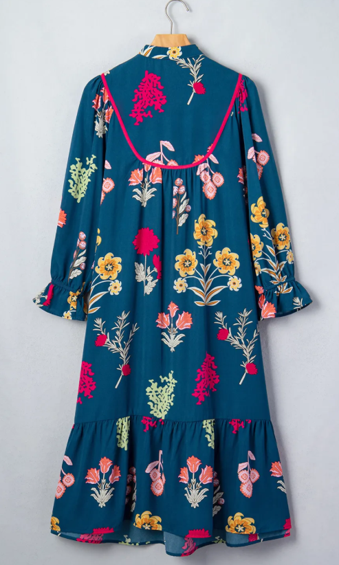 Bexie Floral Print Gathered Neckline 7/8 Sleeve Casual Midi Dress