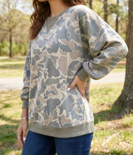 Cissie Camo Print Ribbed Trim Casual Pullover Sweatshirt