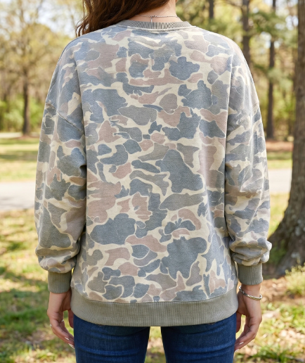 Cissie Camo Print Ribbed Trim Casual Pullover Sweatshirt