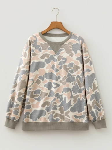 Cissie Camo Print Ribbed Trim Casual Pullover Sweatshirt