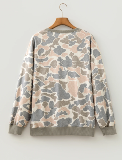 Cissie Camo Print Ribbed Trim Casual Pullover Sweatshirt