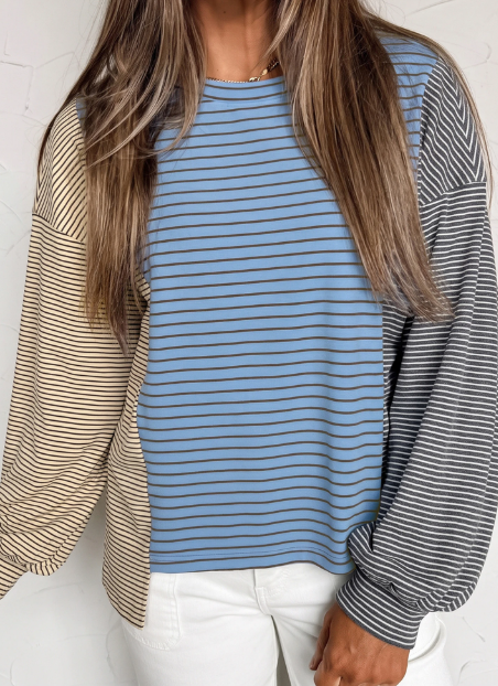 Dollie Sky Blue Stripe Color Block Contrast Long Sleeve Round Neck Casual Shift Pullover