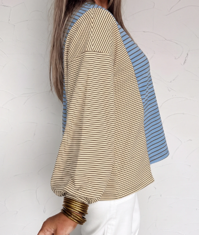 Dollie Sky Blue Stripe Color Block Contrast Long Sleeve Round Neck Casual Shift Pullover