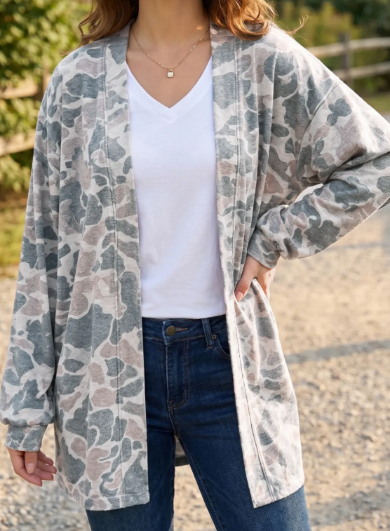 Elma Camouflage Print Long Sleeve Open Front Tunic Cardigan
