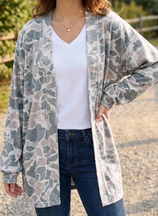 Elma Camouflage Print Long Sleeve Open Front Tunic Cardigan