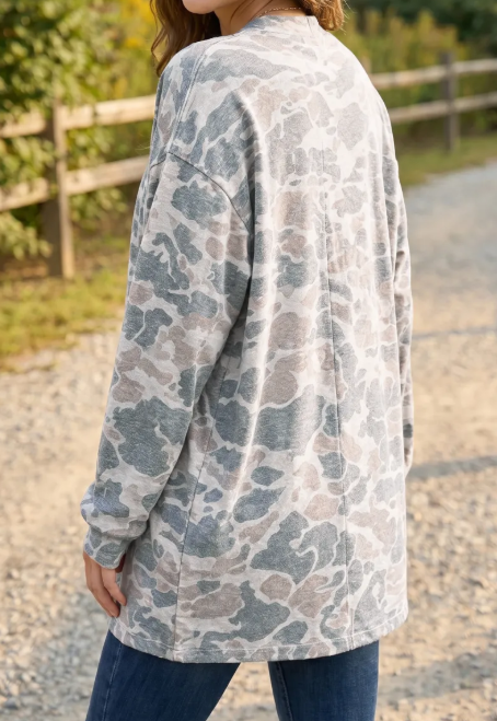 Elma Camouflage Print Long Sleeve Open Front Tunic Cardigan
