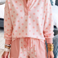 Mari Pink Polka Dot Drop Shoulder Polo Loose Pullover Patch Pocket Casual Shorts Set