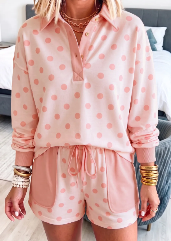 Mari Pink Polka Dot Drop Shoulder Polo Loose Pullover Patch Pocket Casual Shorts Set