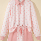 Mari Pink Polka Dot Drop Shoulder Polo Loose Pullover Patch Pocket Casual Shorts Set