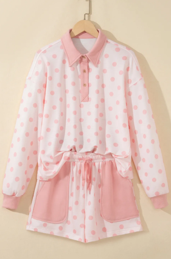 Mari Pink Polka Dot Drop Shoulder Polo Loose Pullover Patch Pocket Casual Shorts Set
