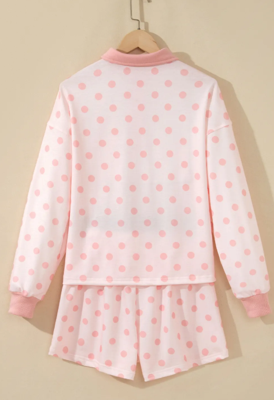 Mari Pink Polka Dot Drop Shoulder Polo Loose Pullover Patch Pocket Casual Shorts Set