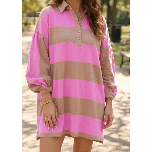 Ginnifer Striped Button Long Sleeve Short Shift Dress