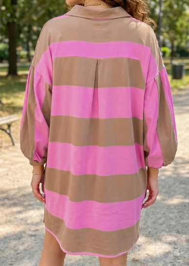 Ginnifer Striped Button Long Sleeve Short Shift Dress