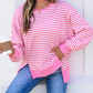 Jaiden Pink Stripe Textured Knit Color Block Trim Split Hem Long Sleeve Top