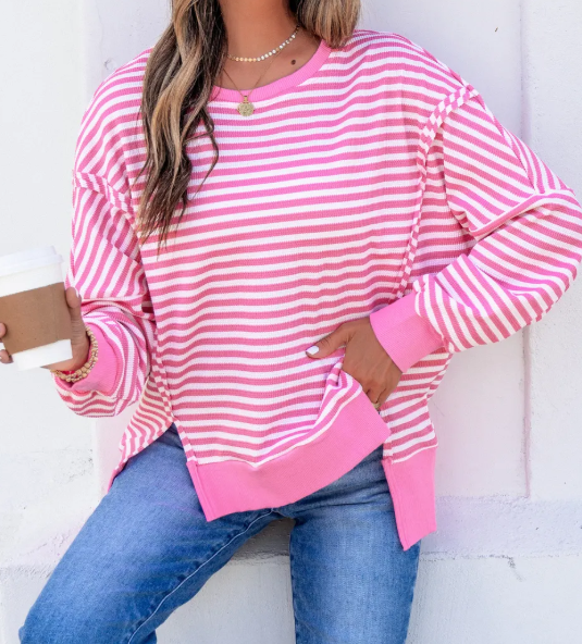 Jaiden Pink Stripe Textured Knit Color Block Trim Split Hem Long Sleeve Top