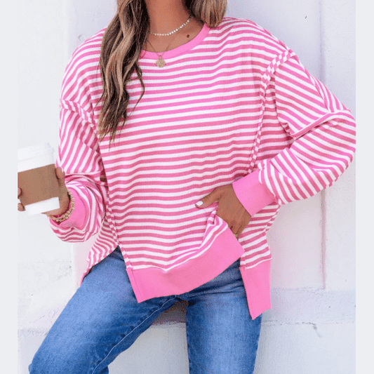 Jaiden Pink Stripe Textured Knit Color Block Trim Split Hem Long Sleeve Top