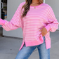 Jaiden Pink Stripe Textured Knit Color Block Trim Split Hem Long Sleeve Top