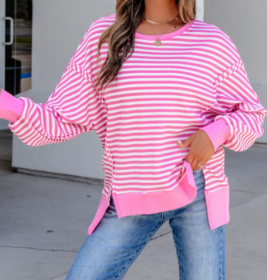 Jaiden Pink Stripe Textured Knit Color Block Trim Split Hem Long Sleeve Top