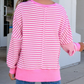 Jaiden Pink Stripe Textured Knit Color Block Trim Split Hem Long Sleeve Top