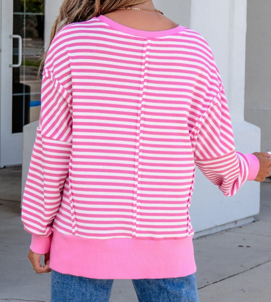 Jaiden Pink Stripe Textured Knit Color Block Trim Split Hem Long Sleeve Top