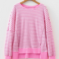 Jaiden Pink Stripe Textured Knit Color Block Trim Split Hem Long Sleeve Top