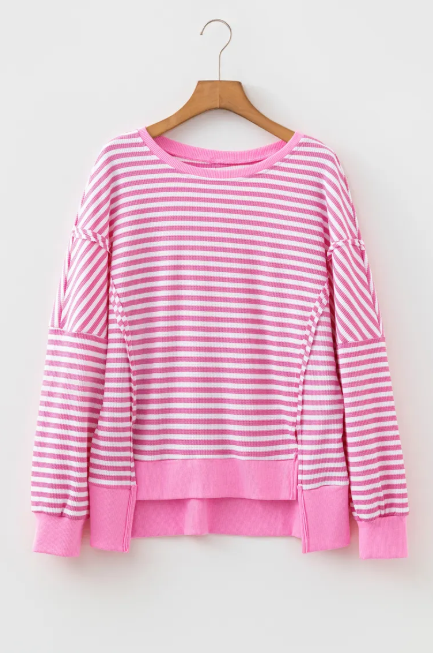 Jaiden Pink Stripe Textured Knit Color Block Trim Split Hem Long Sleeve Top