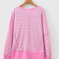 Jaiden Pink Stripe Textured Knit Color Block Trim Split Hem Long Sleeve Top