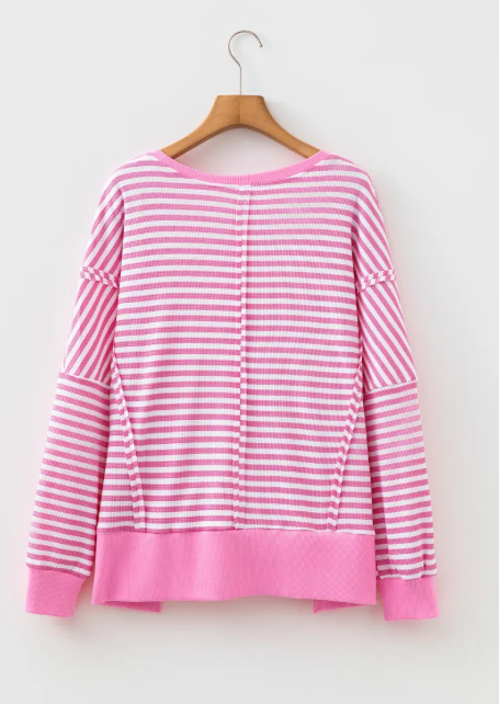 Jaiden Pink Stripe Textured Knit Color Block Trim Split Hem Long Sleeve Top
