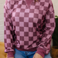 Shaylee Ribbed Trim Checkered Print Long Sleeve Pullover Top