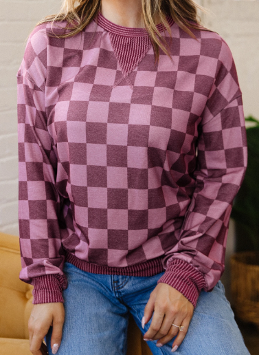 Shaylee Ribbed Trim Checkered Print Long Sleeve Pullover Top