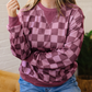 Shaylee Ribbed Trim Checkered Print Long Sleeve Pullover Top