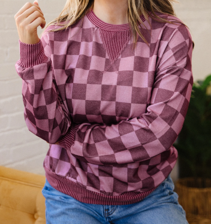 Shaylee Ribbed Trim Checkered Print Long Sleeve Pullover Top