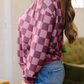 Shaylee Ribbed Trim Checkered Print Long Sleeve Pullover Top
