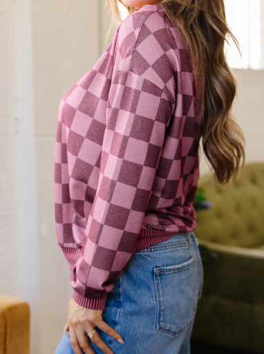Shaylee Ribbed Trim Checkered Print Long Sleeve Pullover Top