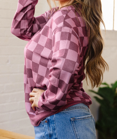 Shaylee Ribbed Trim Checkered Print Long Sleeve Pullover Top