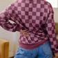Shaylee Ribbed Trim Checkered Print Long Sleeve Pullover Top