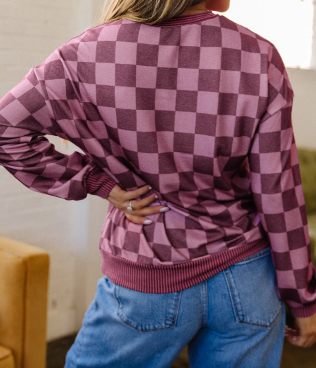 Shaylee Ribbed Trim Checkered Print Long Sleeve Pullover Top
