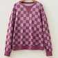 Shaylee Ribbed Trim Checkered Print Long Sleeve Pullover Top
